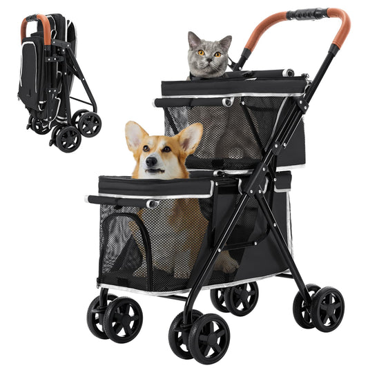 Double Pet Stroller with One-Hand Fold