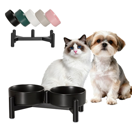 Raised Ceramic Dog Bowl Set - Elevated Double Dishes with Stainless Steel Stand