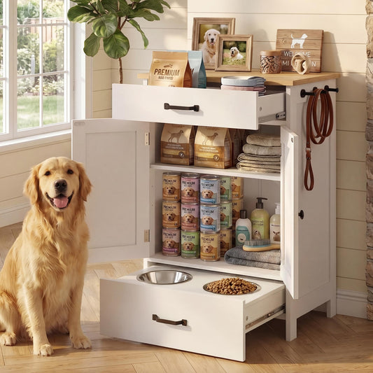 Elevated Pet Feeding Station with Storage Drawer
