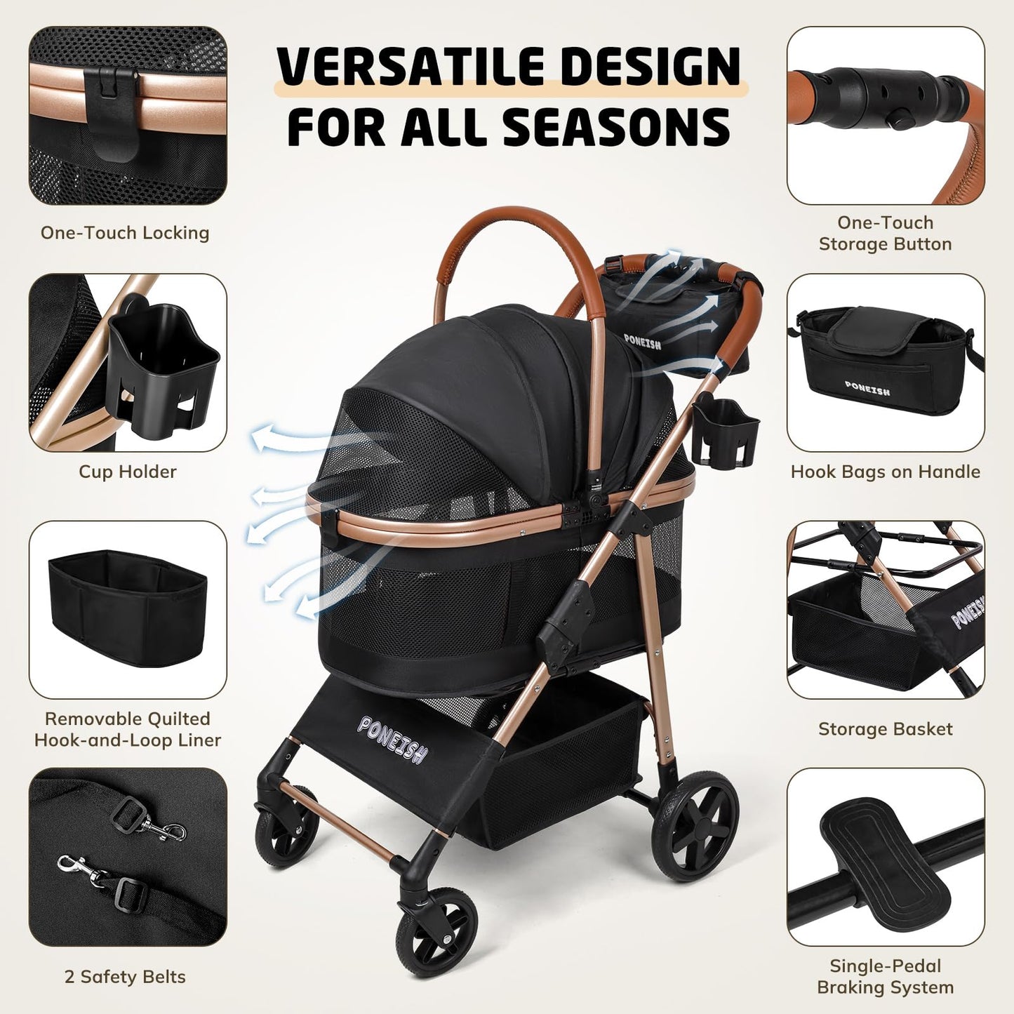 3-in-1 Pet Stroller with Detachable Carrier