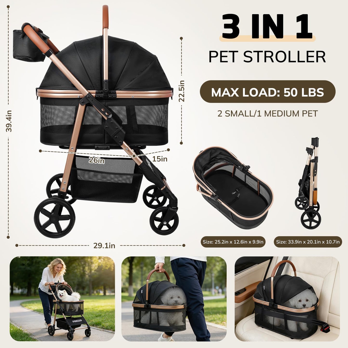 3-in-1 Pet Stroller with Detachable Carrier