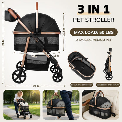 3-in-1 Pet Stroller with Detachable Carrier